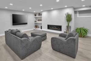 basement remodel with gas fireplace