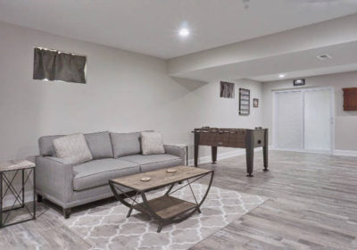 basement remodel with sliding glass doors