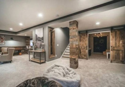 basement remodel with stone columns