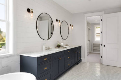 bathroom remodel with dark grey cabinets