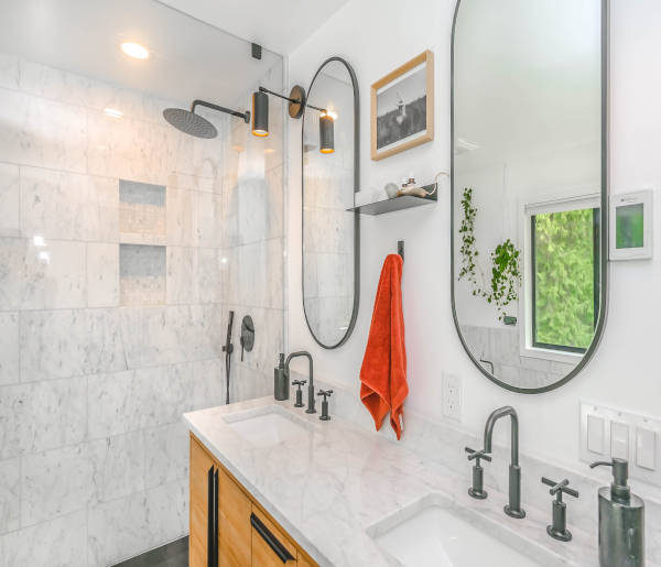 bathroom remodel with sunflower showerhead