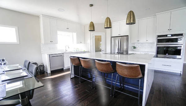 remodeled kitchen with blue island