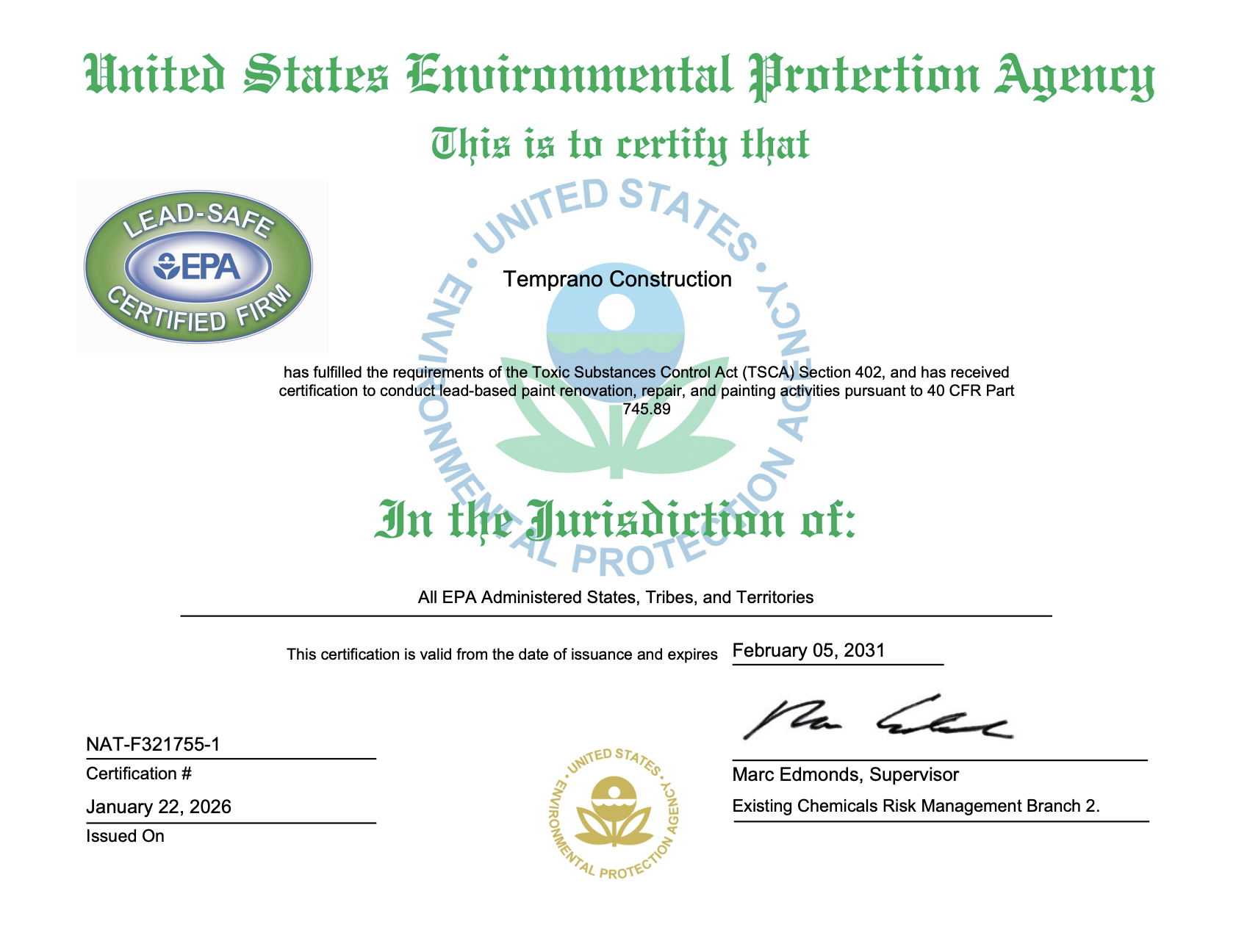 EPA lead-free lead renovator, Raymond Temprano
