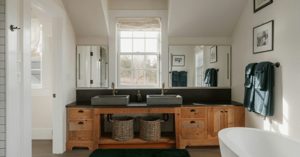 Primary bathroom with a double vanity, two vessel sinks, and a freestanding soaking tub