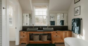 Primary bathroom with a double vanity, two vessel sinks, and a freestanding soaking tub