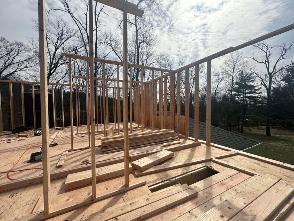 Second-story wall framing going up on a Bridgewater, NJ add-a-level